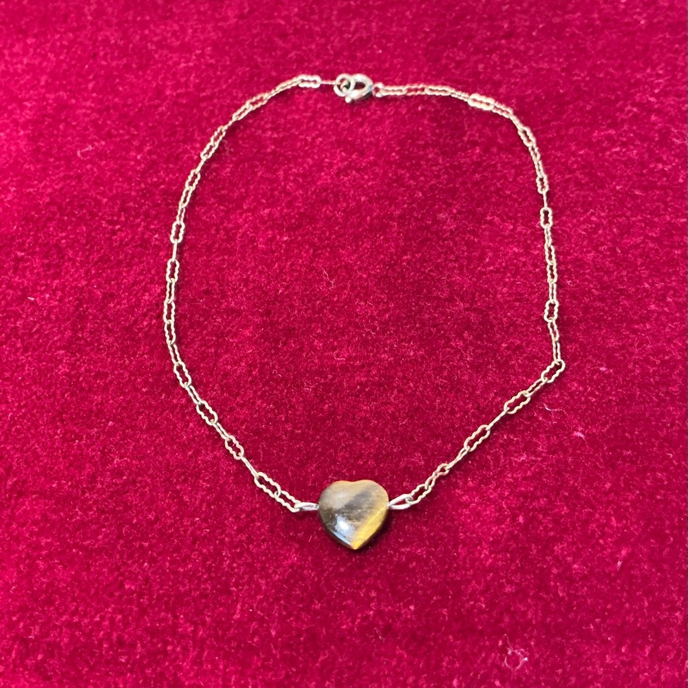 Delicate Ankle Bracelet. Tiger's Eye Heart Charm 12K GF Gold Chain. VTG/Estate